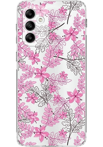 Samsung Galaxy Uyumlu M13 Kamera Korumalı Kapak Floral Pembe Tasarımlı Şeffaf Kılıf