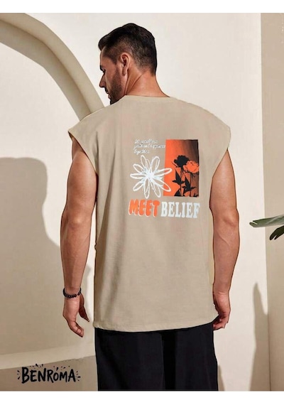 Meet Belıef Baskılı Kolsuz Tişört Bej