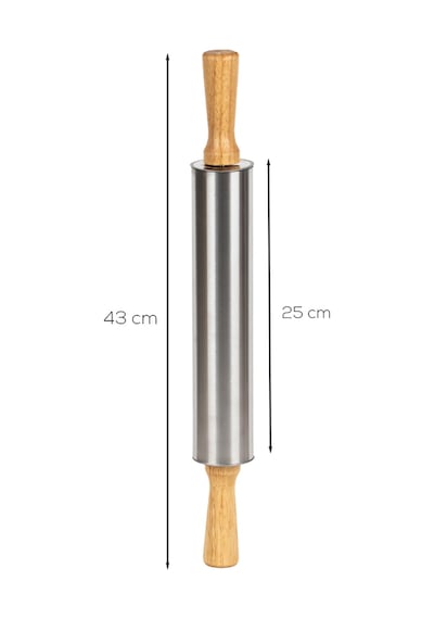 Porsima Mnb05773 Ahşap Saplı Paslanmaz Çelik Merdane Oklava Hamur Pizza Börek Açma Oklava 43cm