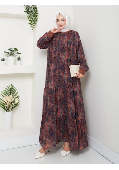 Hb Harma Time Butik Kadın Astarlı Kahverengi Şifon Şal Desen Elbise