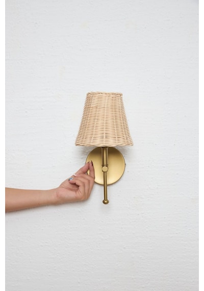 Rattan Eskitme Gold Ledli Duvar Aydınlatması Aplik Beyaz