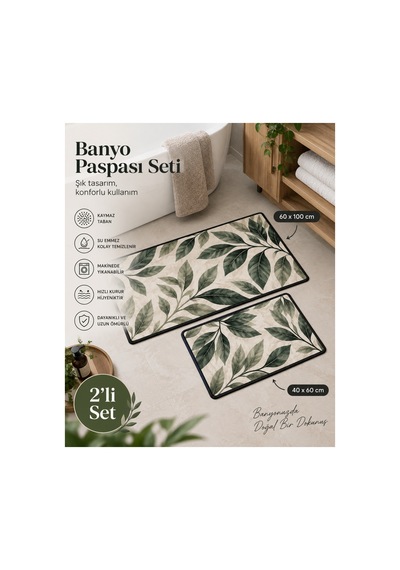 Yeşil Yaprak Desenli 2 Li Banyo Paspası Seti 60x100 + 40x60 Cm Kaymaz Taban Yıkanabilir Banyo Halısı Bej - 919697557 Bej