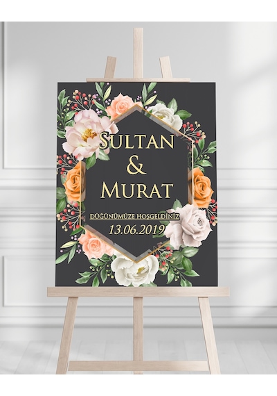 Söz Nişan Düğün İçin 50x70 Karşılama Panosu - Siyah Ve Beyaz Gül Tasarımlı