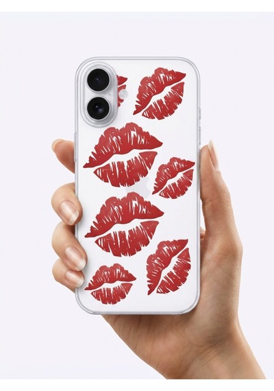 İphone 15 Kırmızı Dudak / Öpücük Desenli Şeffaf Telefon Kılıfı Mh-hs7673-5097