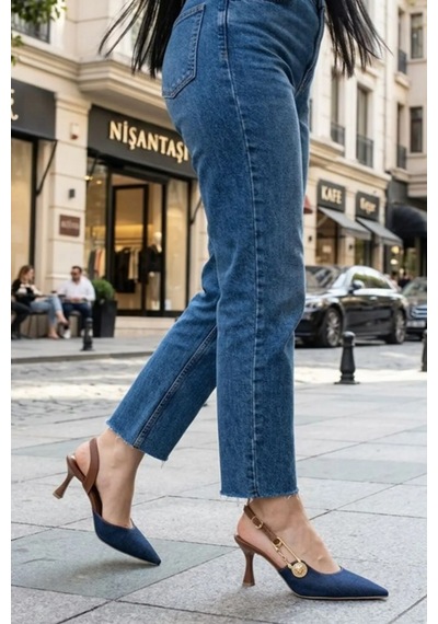Preshley Kadın Grant Mavi Kot Düğmeli Tokalı 7 Cm Ince Topuk Ayakkabı Stiletto