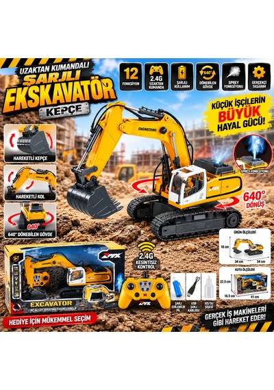 Uzaktan Kumandalı Şarjlı 12 Fonksiyonlu Ekskavatör Kepçe 2.4g 360 Dönebilen İş Makinesi