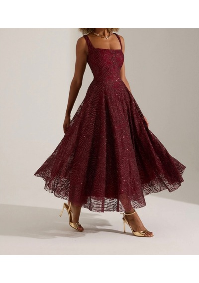 Uzer Abiye Işıltılı Sim Baskılı Jacquard Dokulu Kare Yaka Couture Premium Abiye Elbise,düğün Albisesi Bordo