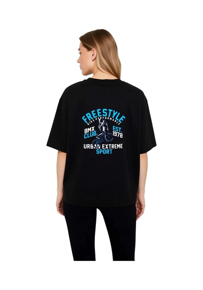 Paybuy Kadın Oversize Tişört %100 Pamuk Freestyle Bmx Klübü Est Baskılı Siyah
