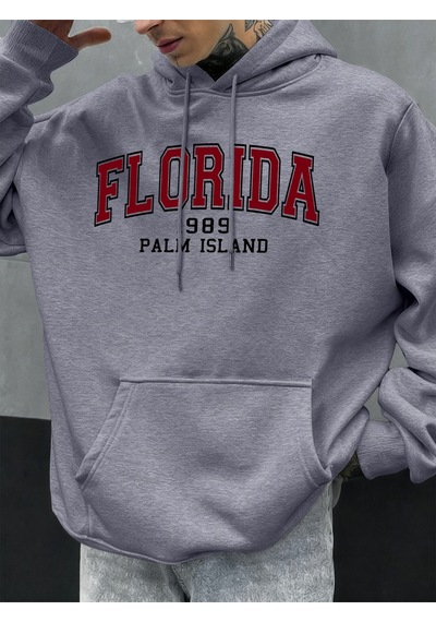 Startmore Startmoreflorida 1989 Palm Island Baskılı Erkekler Kapşonlu Rahat Büyük Boy Kazak Sonbahar Polar Kapüş Gri
