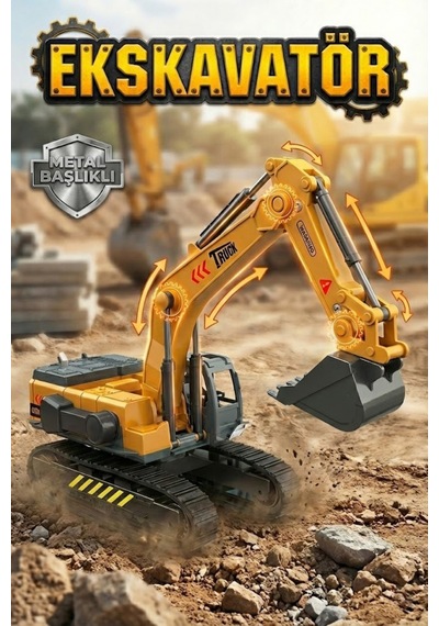 Metal Başlıklı Oyuncak Ekskavatör - Hareketli Kepçe İş Makinesi 26 Cm