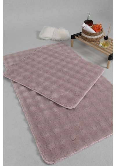Modern Bubble Yıkanabilir Kaymaz Peluş Banyo Paspası Halısı 2'li Klozet Takımı 50x80-50x40cm Pembe