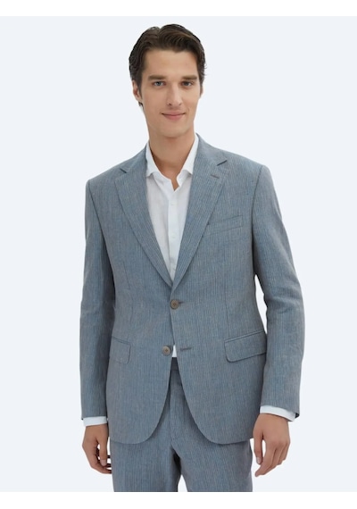 Kip Koyu Mavi Çizgili Modern Fit %100 Keten Takım Elbise Koyu Mavi