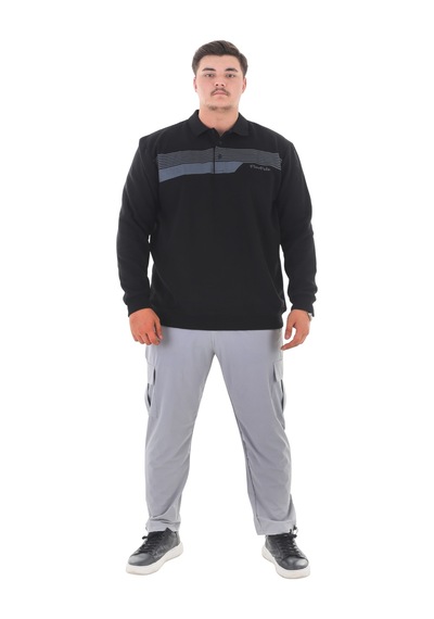 Erkek Battal Beden 158 Kiloya Kadar Uygun Bedenli Geniş Kalıp Baskılı Polo Yaka Selanik Sweat Siyah Erkek Battal Beden 158 Kiloya Kadar Uygun Bedenli Geniş Kalıp Baskılı Polo Yaka Selanik Sweat Siyah