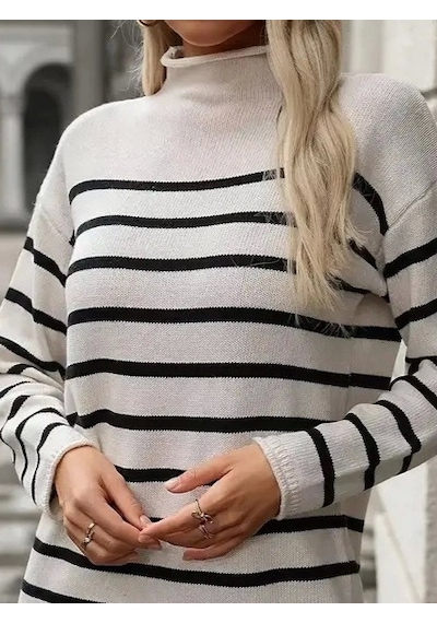 Saklımoda Kadın Uzun Kollu Yarım Balıkçı Yaka Çizgilitriko Mini Boy Elbise Kemersiz Beyaz