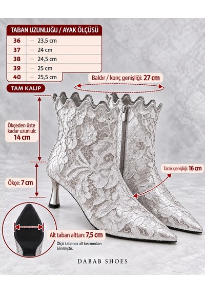 Dabab Shoes Mona Kadın Gümüş Dantel İşlemeli Sivri Burun Sıcak Astarlı Fermuarlı 7 Cm İnce Topuklu Bot Bootie Dabab Shoes Mona Kadın Gümüş Dantel İşlemeli Sivri Burun Sıcak Astarlı Fermuarlı 7 Cm İnce Topuklu Bot Bootie
