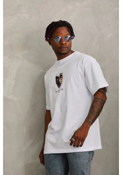 Oversize Baskılı Bisiklet Yaka T-shirt - Beyaz -