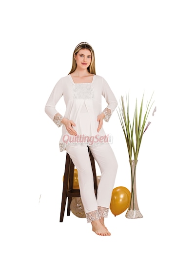 Lady Ekru Renkli, Dantel Detaylı, 33203 Uzun Kol, 2 Parça Lohusa Hamile Pijama Takımı