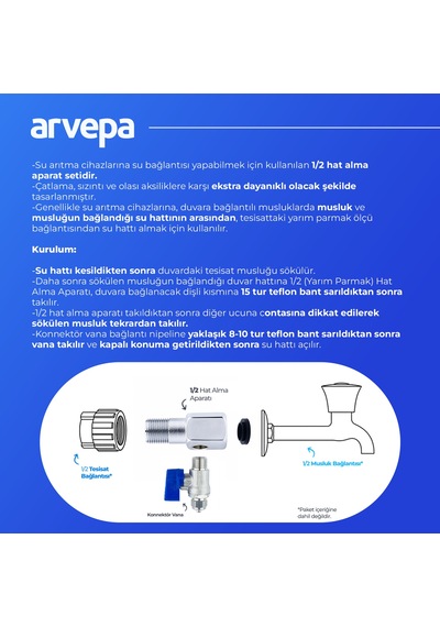 Arvepa Su Arıtma Cihazı 1/2 (Yarım Parmak) Hat Alma ve Konnektör Vana Seti - Ekstra Dayanıklı (Metal)