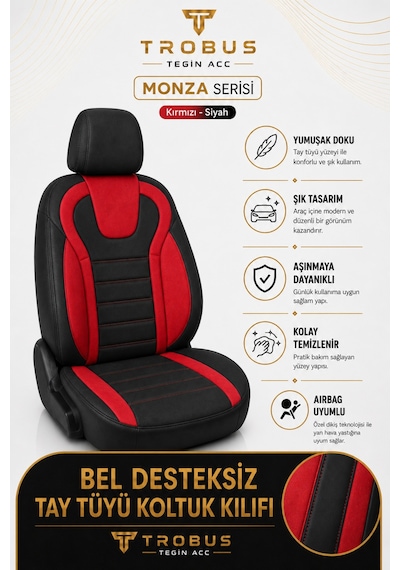 Tofaş Doğan 1990+ Uyumlu Monza Serisi Sport Tay Tüyü Kadife Siyah Kırmızı Koltuk Kılıfı