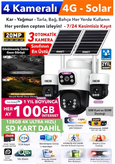 3 Otomatik 4 Kameralı 20mp 4g Güneş Enerjili Solar Güvenlik Kamerası 128gb Sd Kart 1200gb İnternet