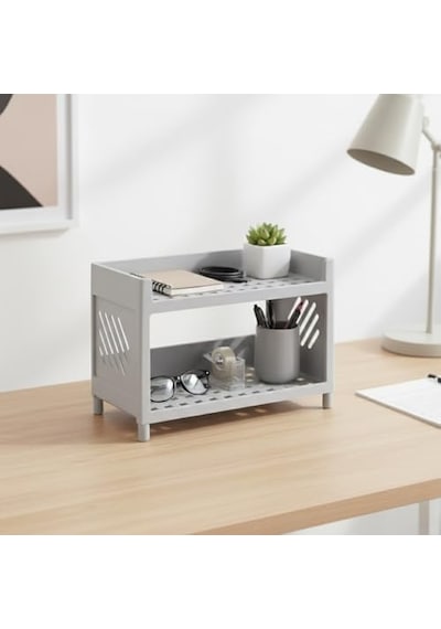 Çok Amaçlı 2 Katlı Organizer Raf Gri Plastik Düzenleyici Stand Banyo, Mutfak, Masaüstü Ve Ofis İçin 25 X 18 Cm