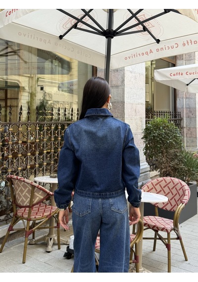 Out Of Standart Kadın Cropped Fermuar Detaylı Denim Ceket Blue