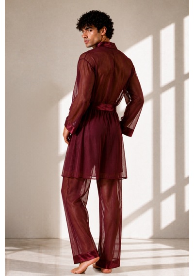 Qmen Style Erkek Şifon Kimono- Pijama - Şort Seti Bordo