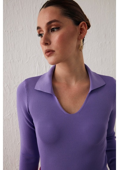 Sateen Polo Yaka Triko - Lila-132055 Lila