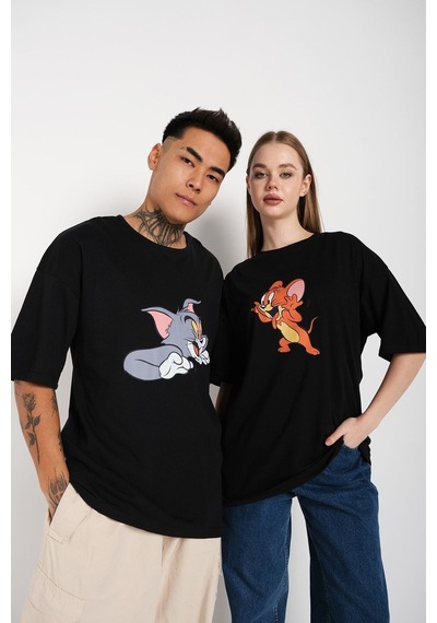 Flood Of Style Siyah Unisex Ikili Tom Ve Jery Baskılı Oversize T-shirt