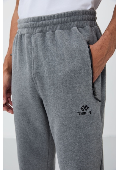 Tommy Life Gri Melanj Dik Yaka Basic Fermuar Cepli Standart Kalıp Erkek Polar Eşofman Takımı - 85193 GRİ MELANJ