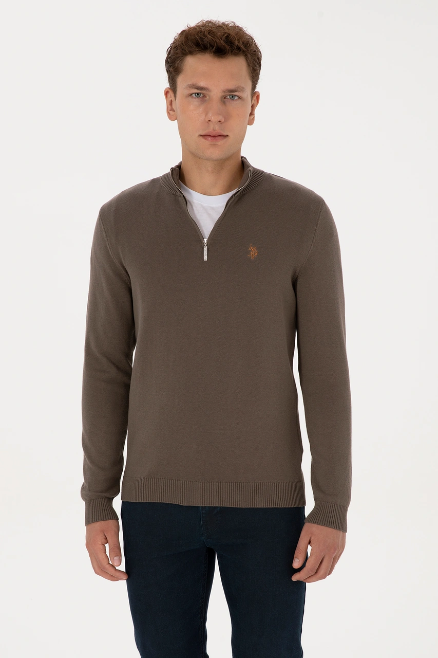 U.S. Polo Assn. Erkek Slim Fit Yarım Fermuarlı Vizon Basic Kazak 50313695-VR052