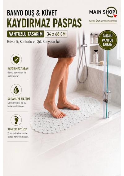 Mainshop Vantuzlu Banyo Duş Ve Küvet Kaydırmaz Paspas - 34 X 68 Cm - Beyaz M-130