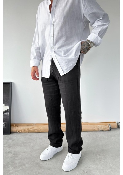 Siyah Basic Baggy Keten Pantolon