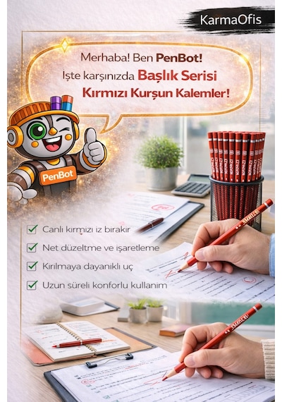 Kırmızı Başlık Kalemi Hb 17,5 Cm 24 Adet Öğretmen Düzeltme Kalemi Yerli Üretim Kırmızı 24