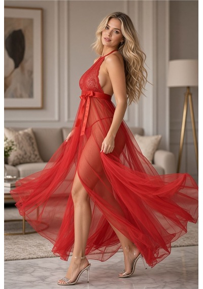 Sistina Kırmızı - 163 - Dantelli Tül Gecelik - M057 - - Concepta - Beden S/m