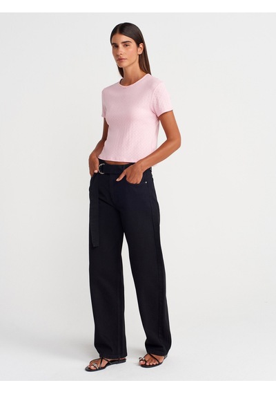 Dilvin 31795 Fiyonk Detaylı Kısa Kollu Kontrast T-shirt-toz Pembe Toz Pembe