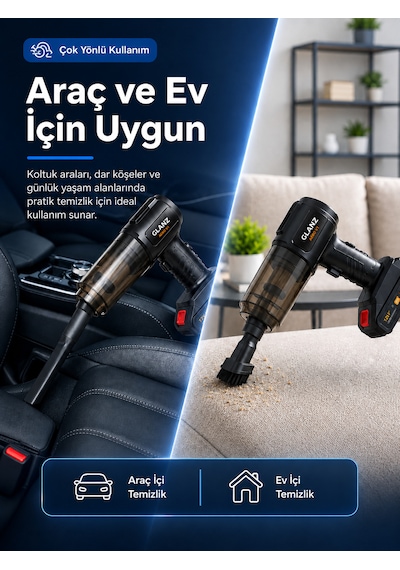 Glanz Aero V1 Kablosuz Araç Süpürgesi 220w 22000pa Güçlü Vakum Ve Üfleme Özellikli Şarjlı Oto Süpürge 0 - 250 Watt