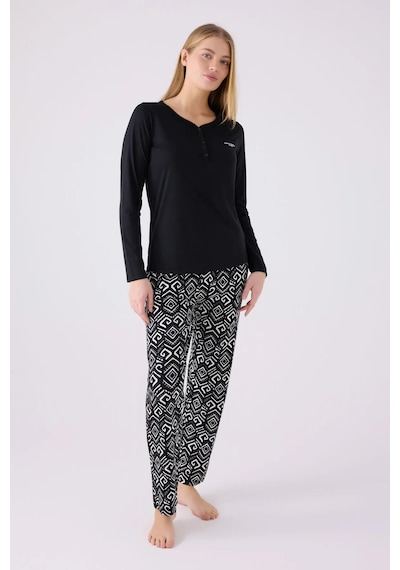 Pierre Cardin 8871 Süprem Uzun Kollu Kadın Pijama Takımı Siyah Çok Renkli