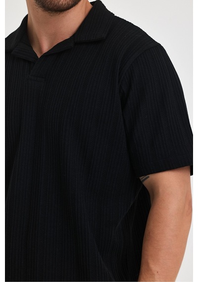 Tarz Cool Erkek Jakarlı Baklava Desenli %100 Pamuk Polo Yaka T-shirt Siyah