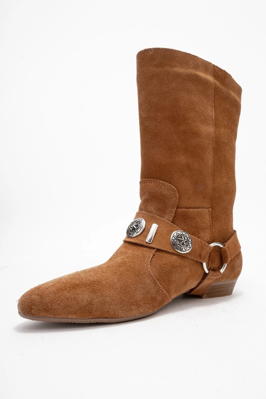 Luvishoes Luvi Shoes Selora Taba Süet Püsküllü Hakiki Deri Tokalı Kadın Western Bot Taba Süet