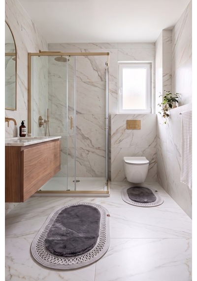 Banyo Paspası Takımı 60x100+40x60 Cm İç Trikot Antrasit Gri & Gümüş