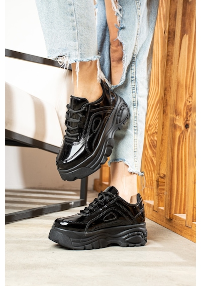 Nstil Günlük Kadın Spor Ayakkabı Yüksek Kalın Taban 6 Cm Suni Deri Sneaker 001 Siyah Rugan