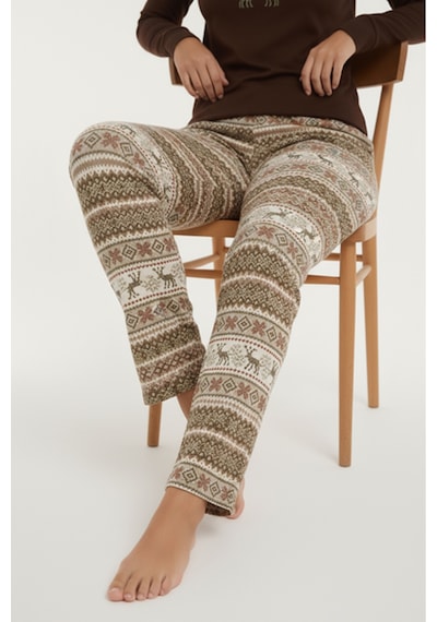 Luxury Thermal Season Geyik Desenli Kadın Polar Kışlık Pijama Takımı 42059 Kahverengi