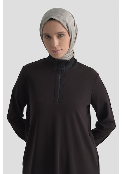 Armine Trend Yarım Fermuarlı Dik Yaka Uzun Kollu Rahat Kesim Basic Uzun Tunik 107 Cm Boy Siyah 26kt456