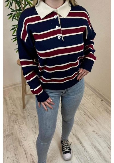 Explode Kadın Lacivert - Bordo Polo Yaka Çizgili Oversize Triko Kazak Lacivert