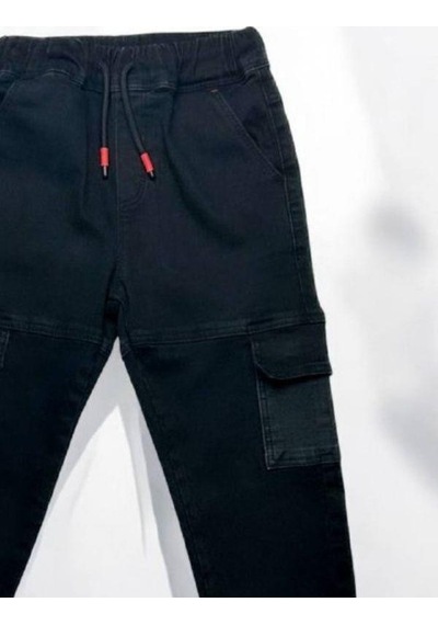 Çikoby Erkek Çocuk Beli Paçası Lastikli Kargo Cep Siyah Kot Pantolon-14862 Siyah