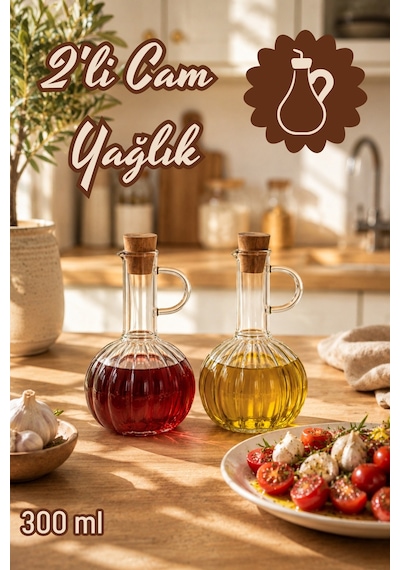 Porsima Lm-0010 Breze 2li Mantar Kapaklı Borosilikat Cam Yağlık Sirkelik Yağdanlık Seti 300ml+300ml
