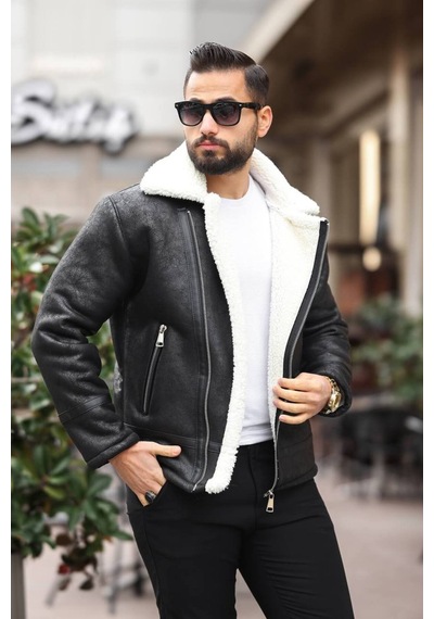 Erkek Biker İçi Kürüklü Ceket/mont Siyah Beyaz Biker