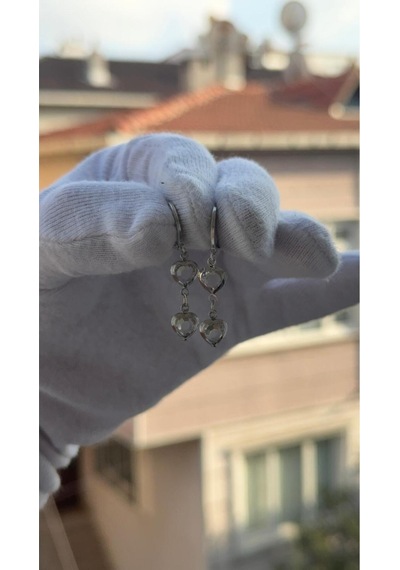 Kadın Gümüş Renk Kalpli Zirkon Taşlı Sallantılı Şık Tasarım Küpe Gümüş