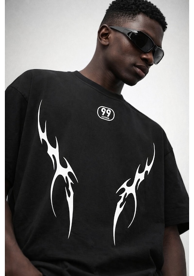 Yolo Street Oversize Unisex Tişört %100 Pamuk Tribal Baskı Streetwear Siyah/beyaz Siyahgokce
